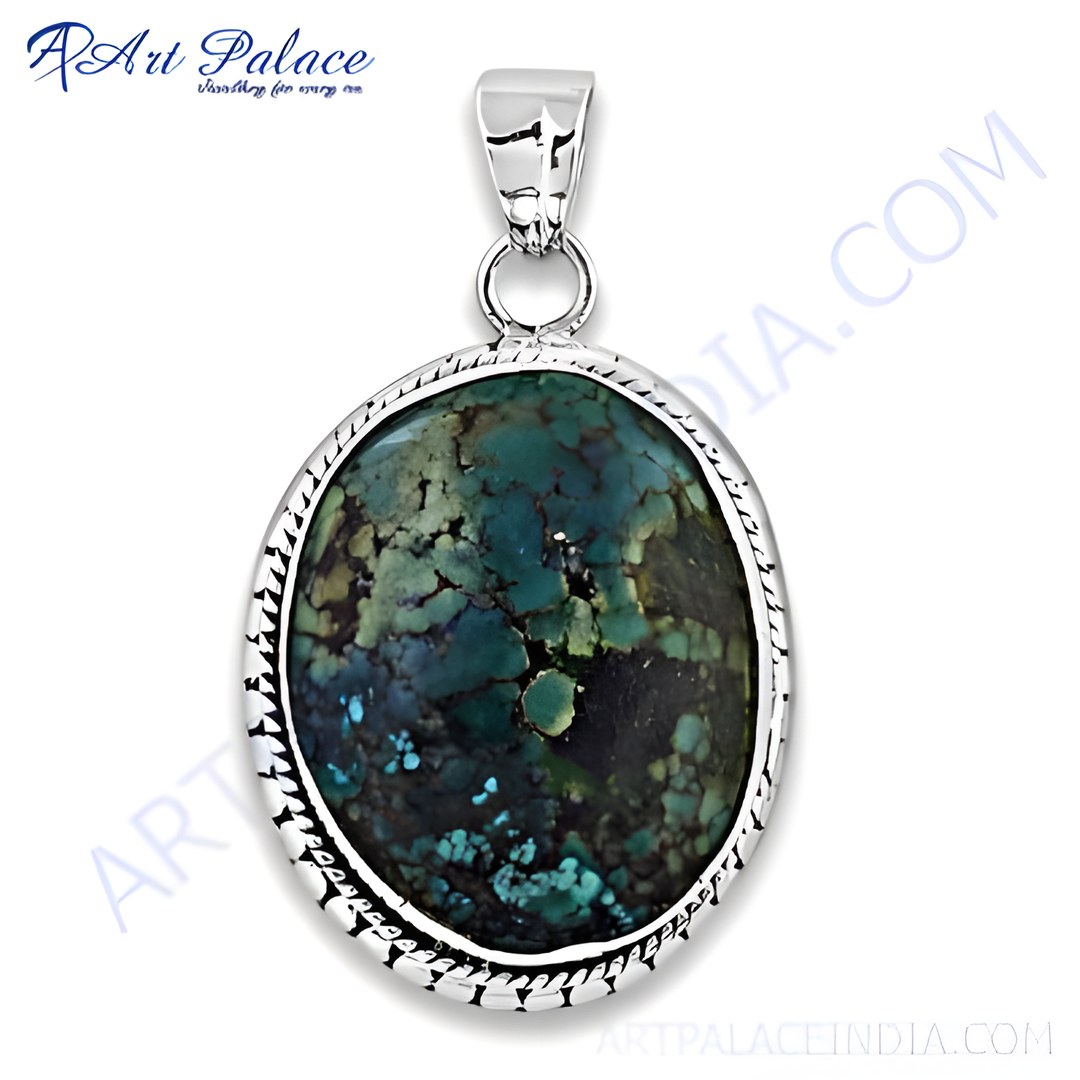 925 sterling silver oval turquoise stone pendant with silver detailing