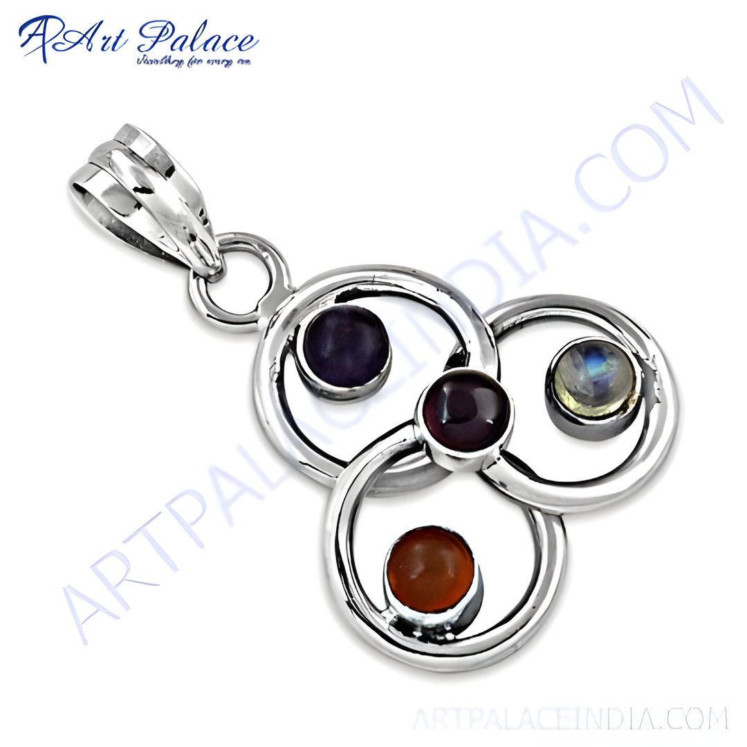 925 sterling silver gemstone pendant necklace with amethyst, garnet and moonstone.