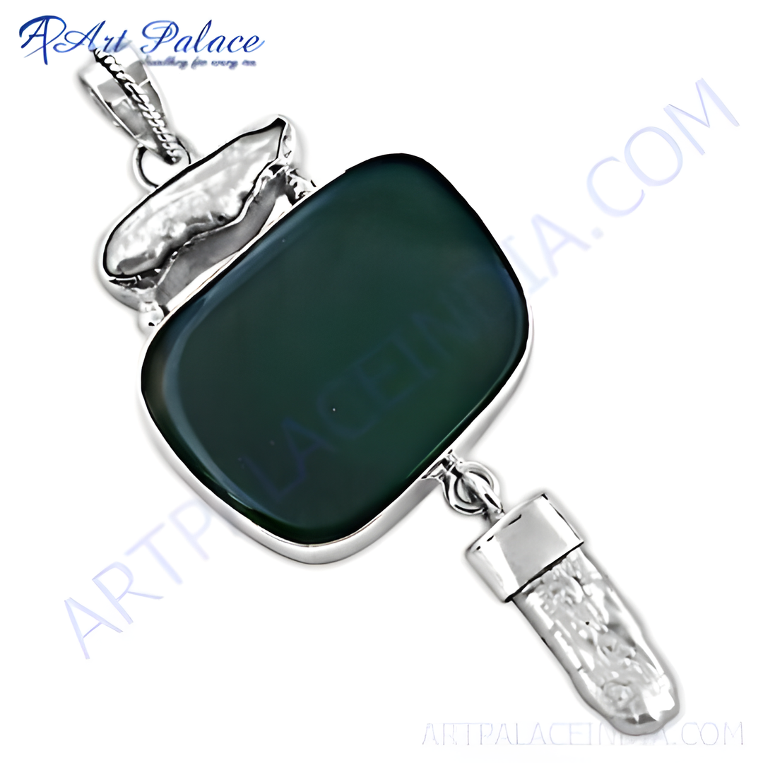 Sterling silver pendant with a large green onyx gemstone and a unique design