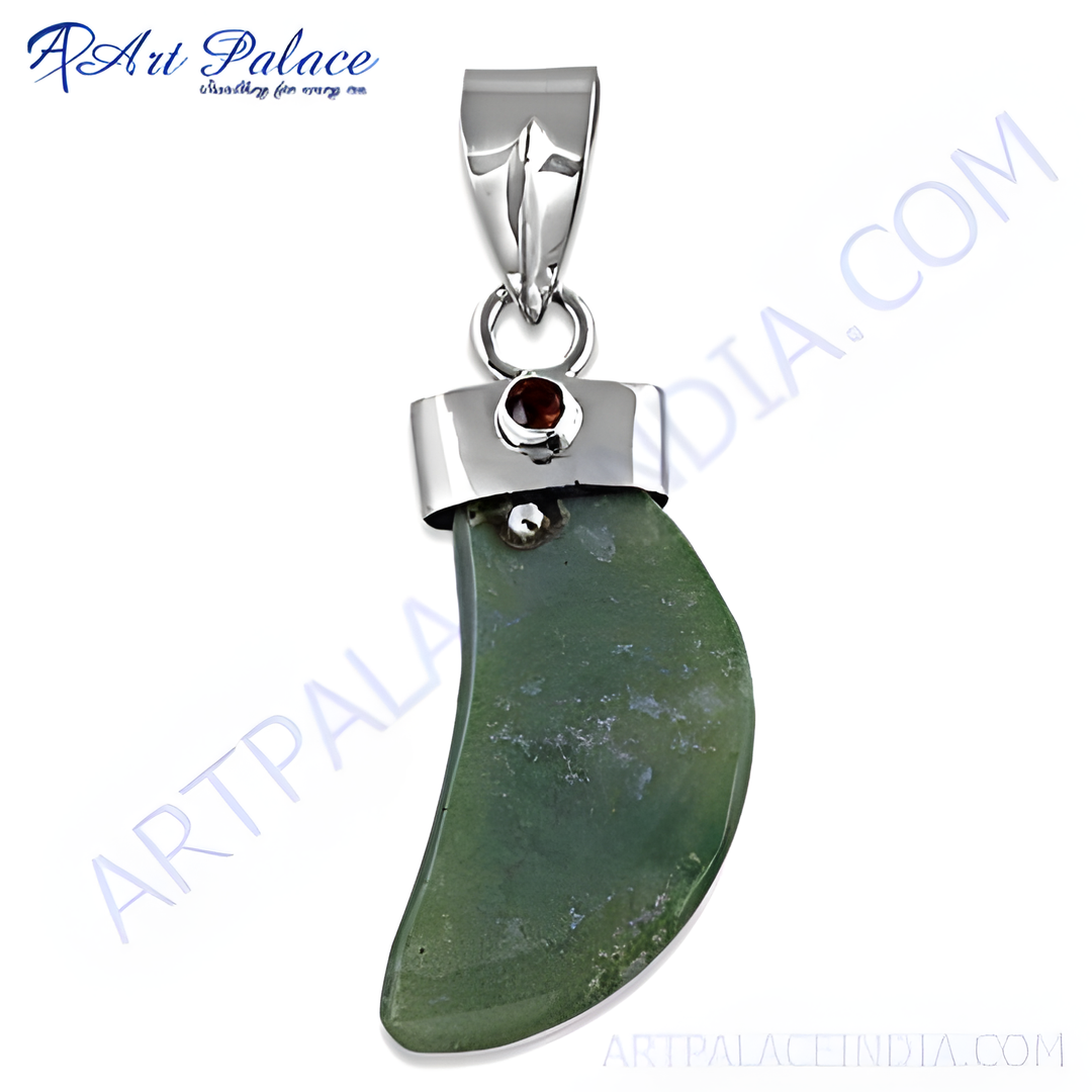 925 sterling silver jade pendant necklace with green natural stone, crescent shape, and silver bail.