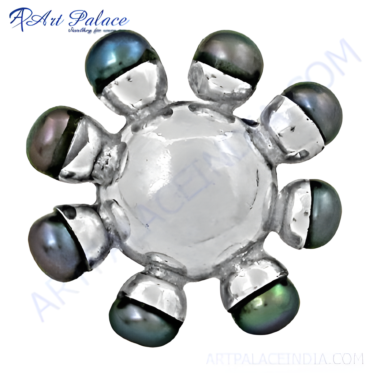 Sterling silver flower pendant with central pearl and surrounding iridescent pearls, ideal for women's jewelry