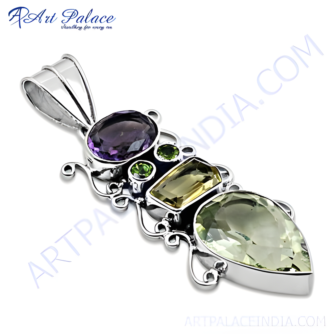 925 sterling silver pendant necklace with amethyst, peridot, and citrine gemstones, a stunning piece of jewelry.