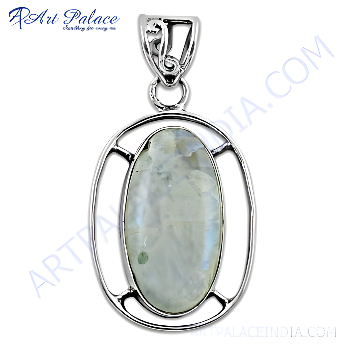 925 sterling silver moonstone pendant, oval shaped gemstone pendant, iridescent white and grey stone