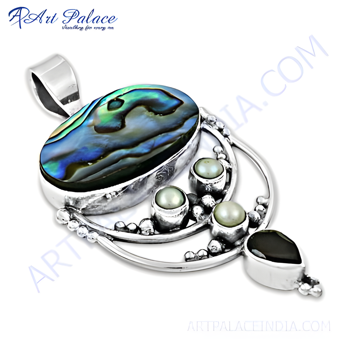 925 sterling silver abalone shell pendant with pearl accents and a teardrop-shaped onyx stone.
