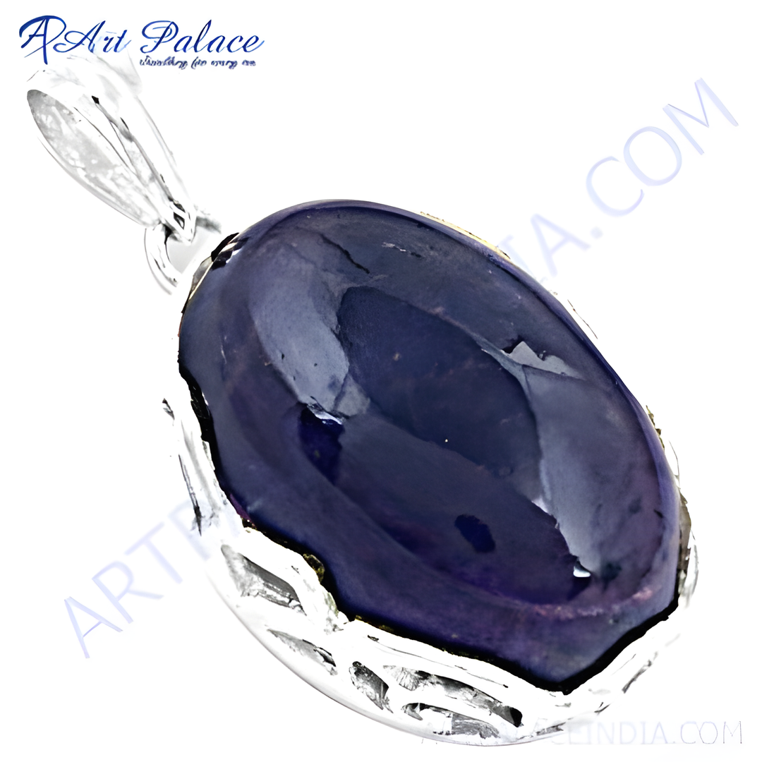 925 sterling silver pendant with a large, polished blue gemstone for women.