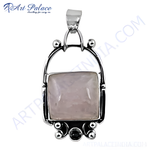 Load image into Gallery viewer, 925 sterling silver rose quartz pendant with a square-cut pink gemstone
