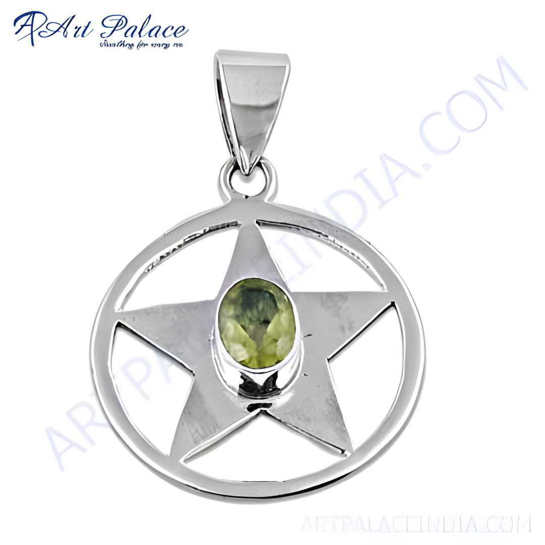 925 sterling silver peridot star pendant necklace with a green gemstone center