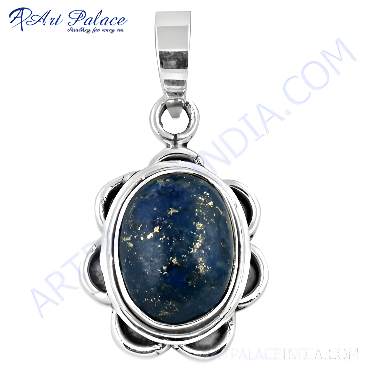 925 sterling silver lapis lazuli gemstone pendant, oval shaped blue stone with gold plating flecks, women's jewelry