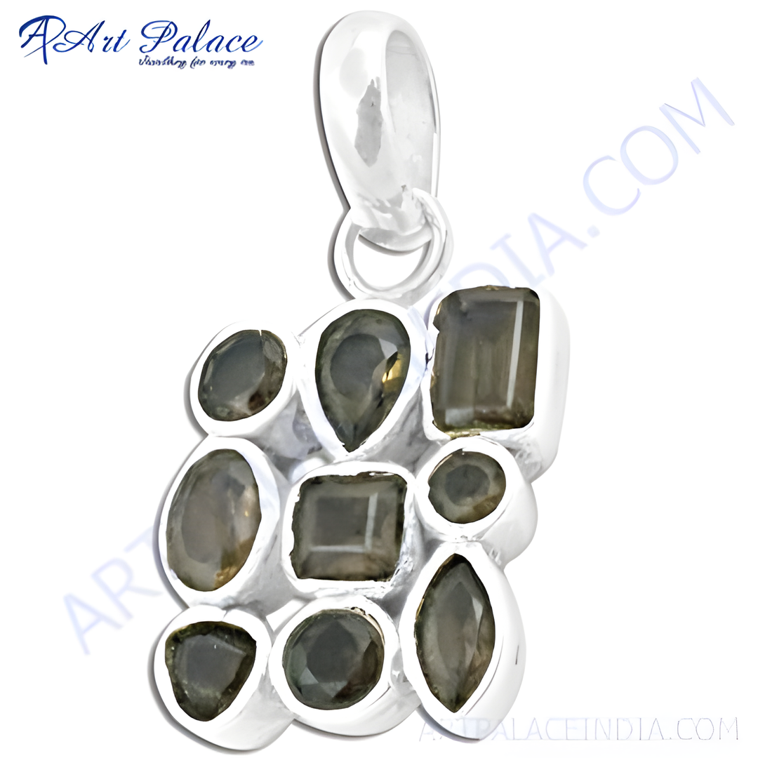 925 sterling silver gemstone pendant, featuring a cluster of different cut gemstones in shades of grey and brown