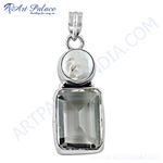 Load image into Gallery viewer, 925 sterling silver pearl and gemstone pendant, white pearl, rectangular green gemstone, women's jewelry
