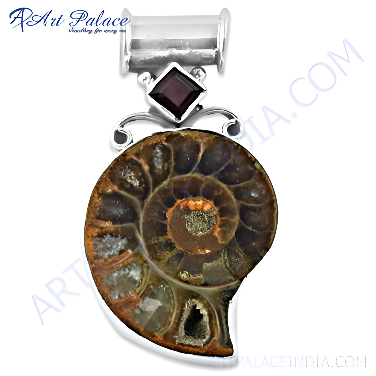 925 silver ammonite shell pendant with a garnet gemstone accent for women