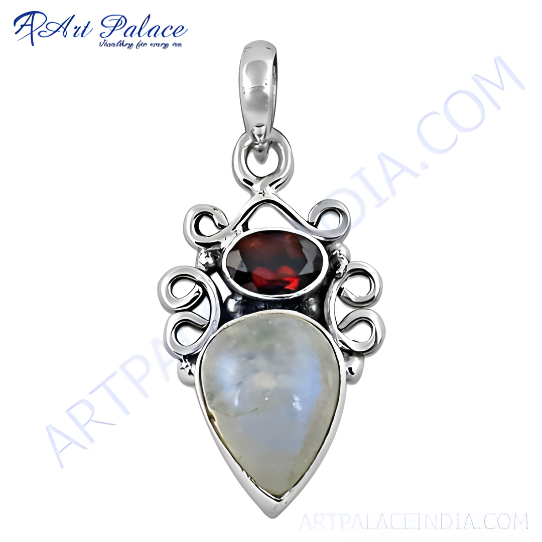 925 sterling silver pendant with pear-shaped moonstone and oval red garnet gemstone