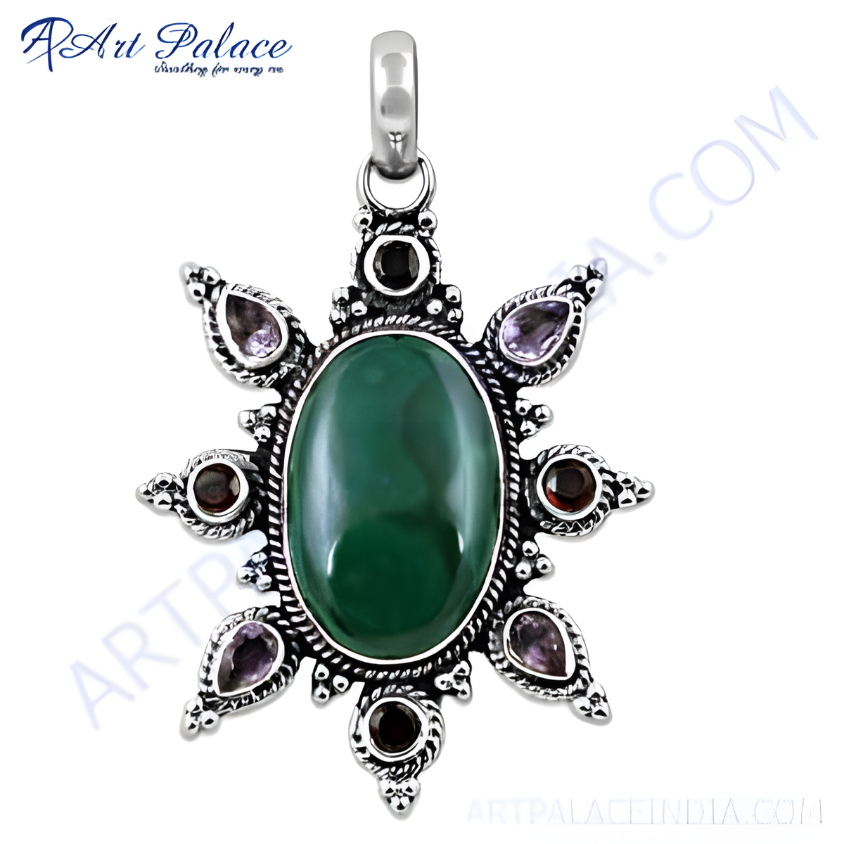 925 sterling silver pendant necklace with green onyx center stone and amethyst and garnet accents