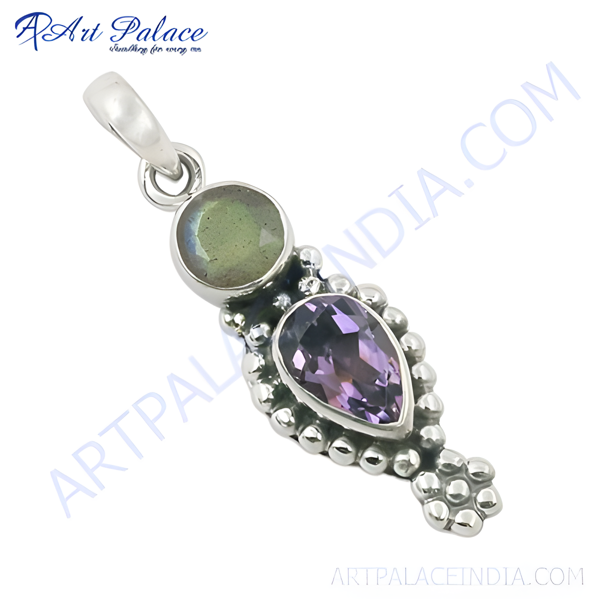 Sterling silver pendant featuring a labradorite stone and a purple amethyst stone