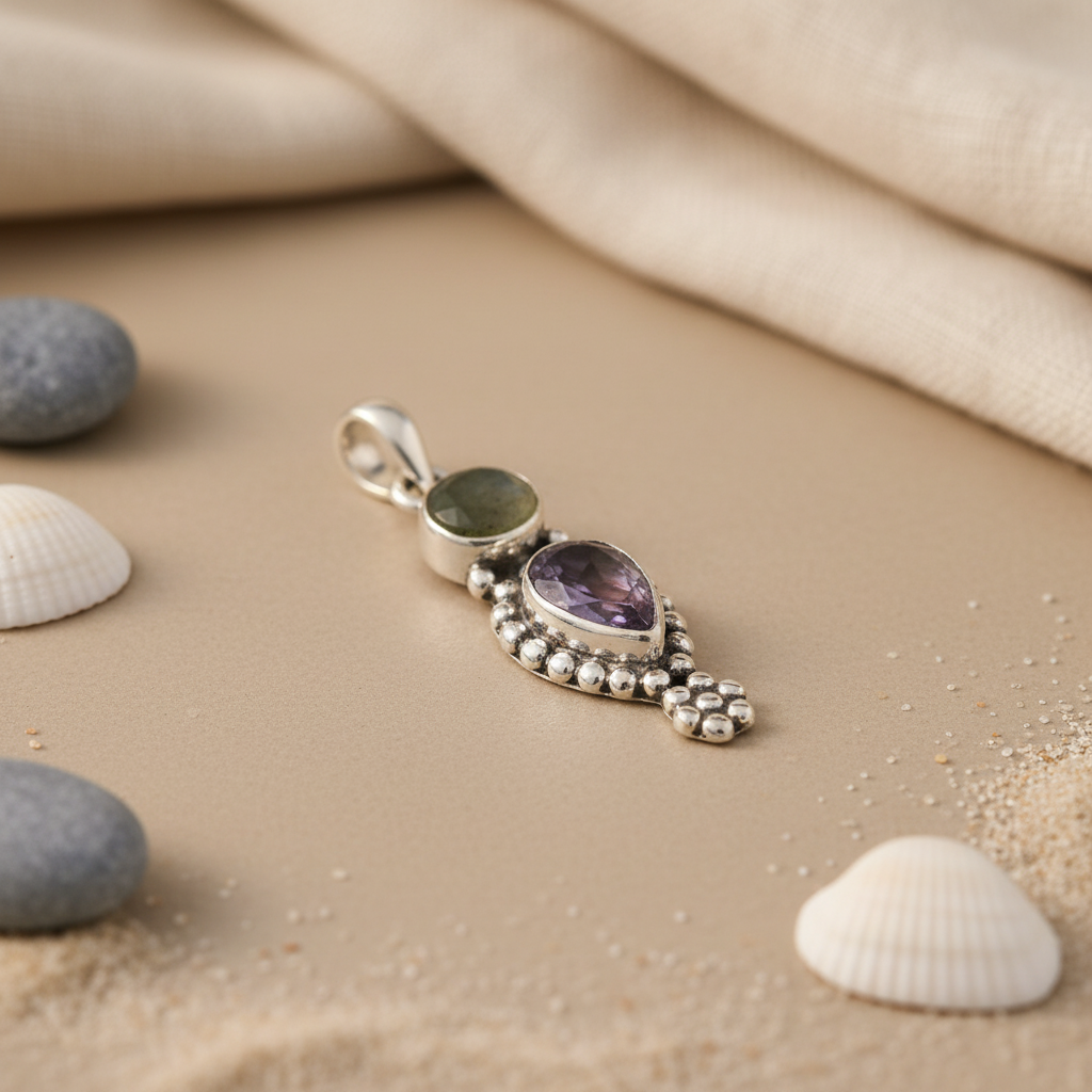 925 Sterling Silver Labradorite & Amethyst Pendant for Women