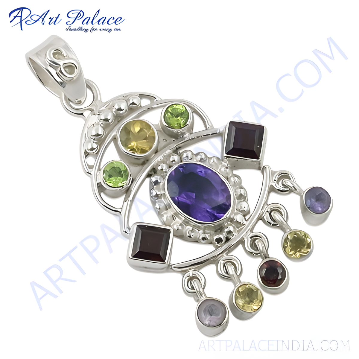 925 sterling silver multi gemstone pendant with various colorful gemstones in an eye shaped design