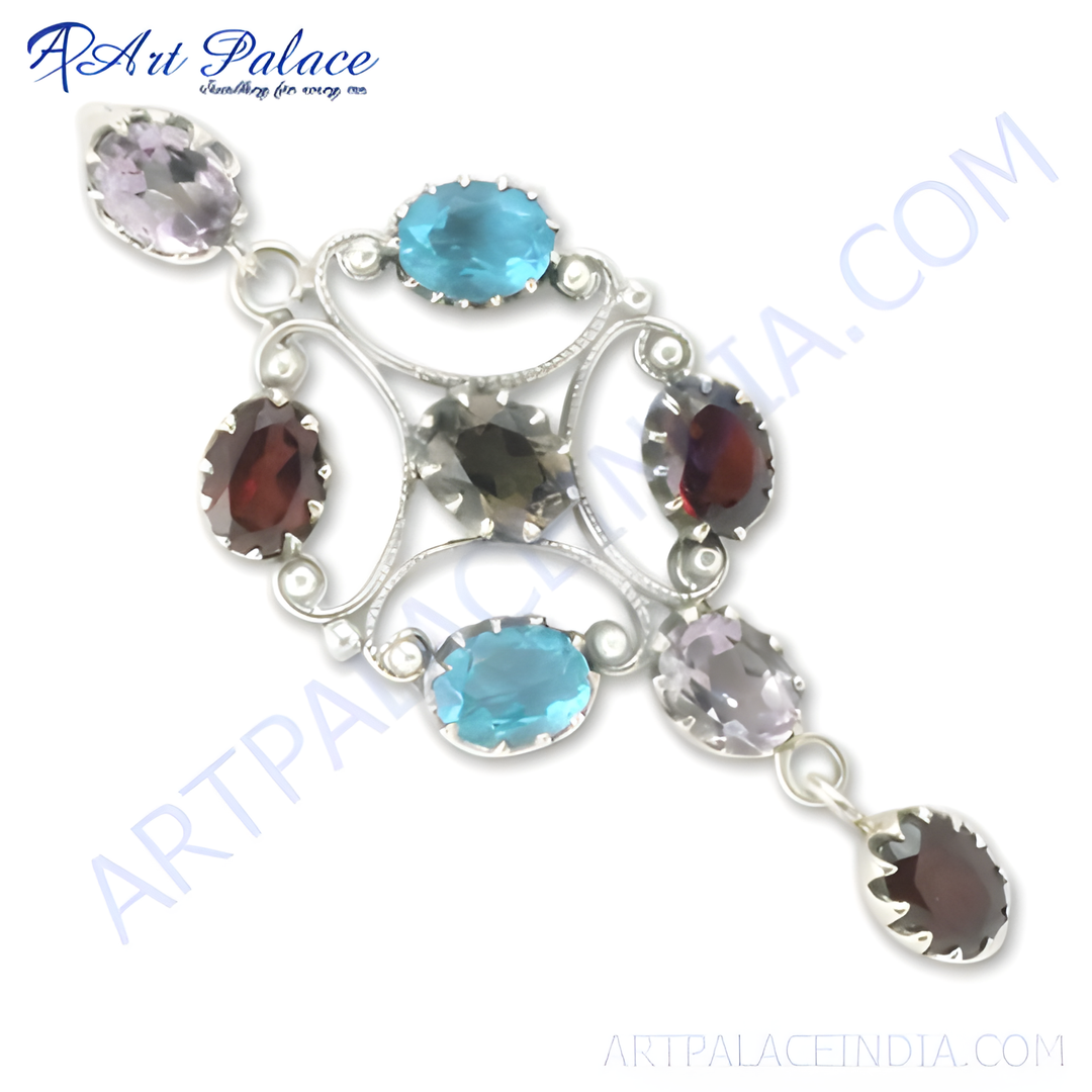 925 sterling silver gemstone pendant with amethyst, garnet, and blue topaz stones