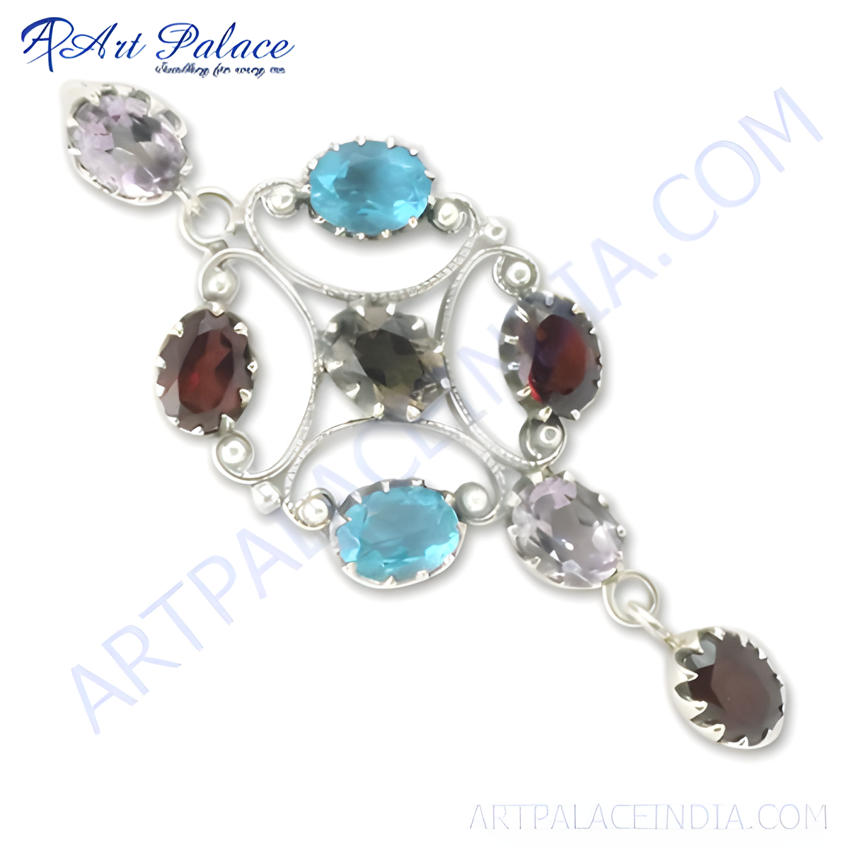 925 sterling silver gemstone pendant with amethyst, garnet, and blue topaz stones