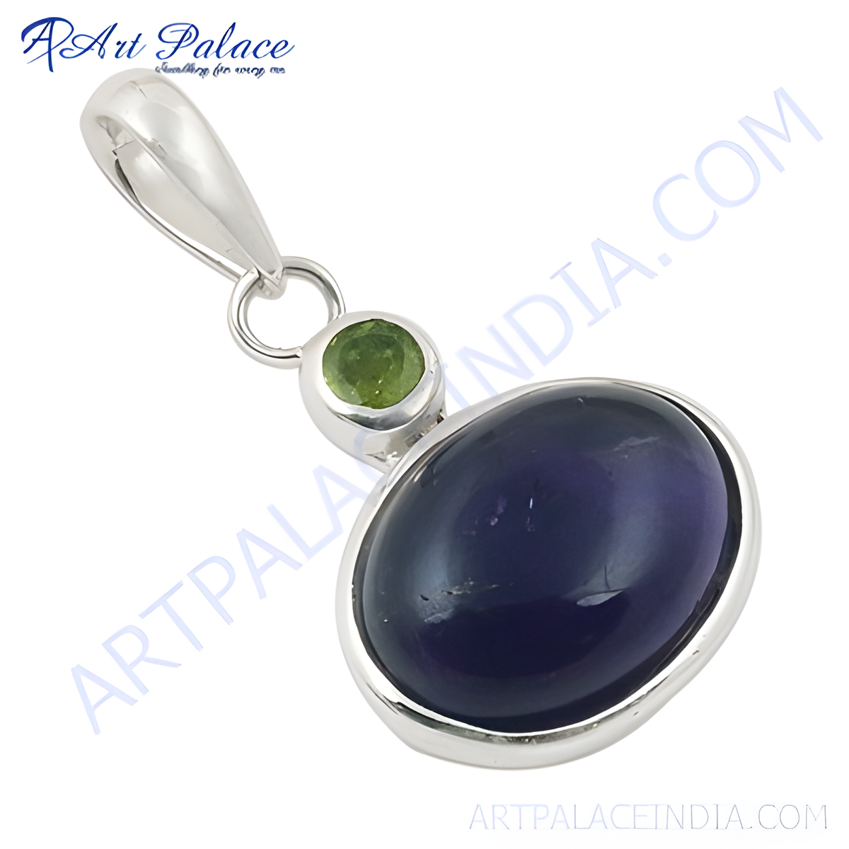 Sterling silver pendant with a large oval blue gemstone and a smaller green stone accent, perfect for women
