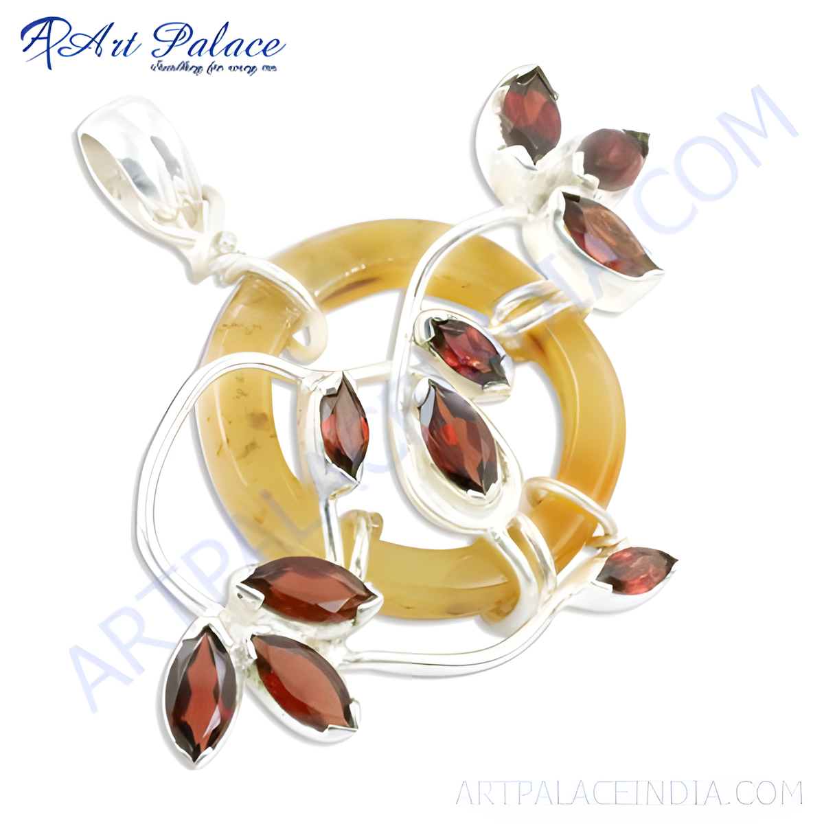 925 sterling silver floral pendant necklace with yellow stone and garnet gemstones