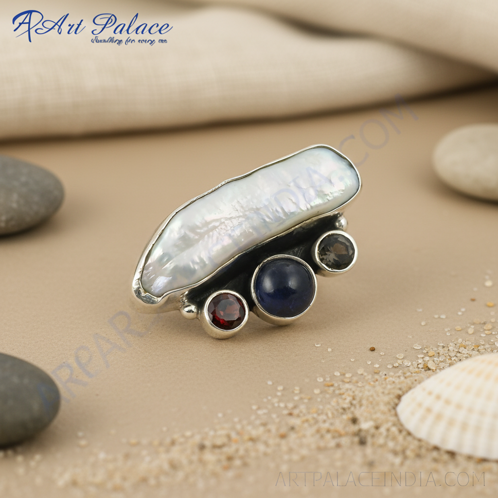 Sterling Silver Pearl & Gemstone Ring for Women