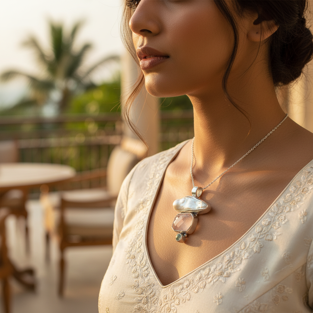 925 Silver Pearl & Rose Quartz Pendant for Women | Gemstone Jewelry