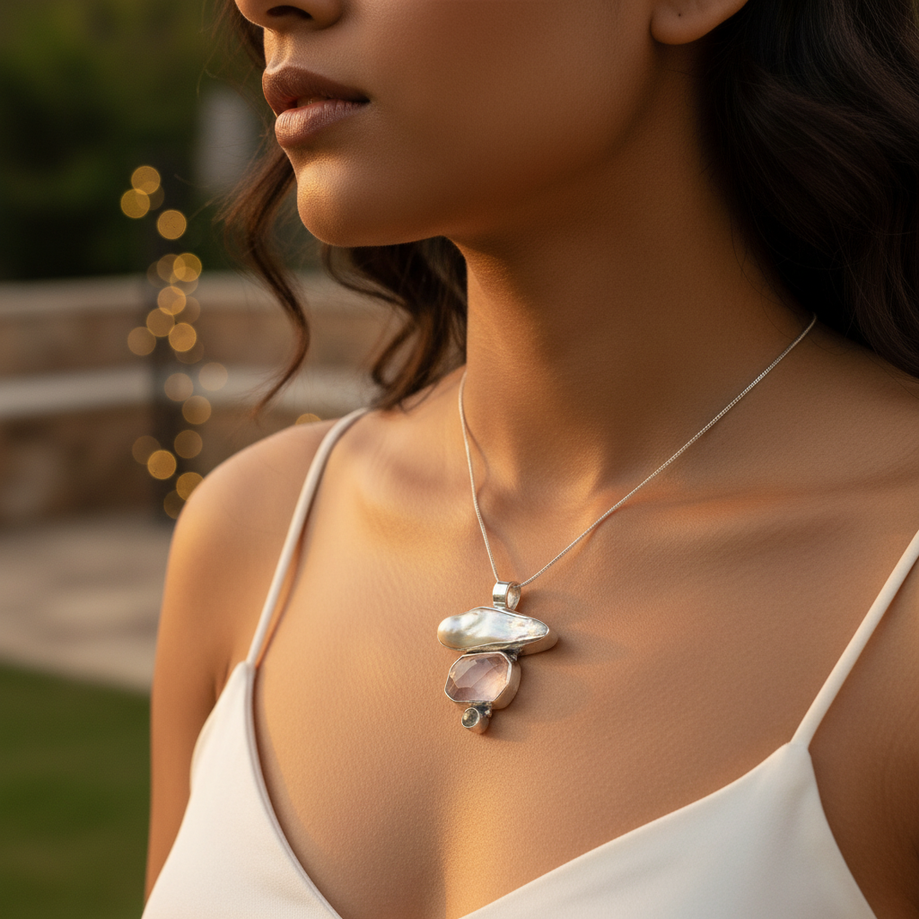 925 Silver Pearl & Rose Quartz Pendant for Women | Gemstone Jewelry