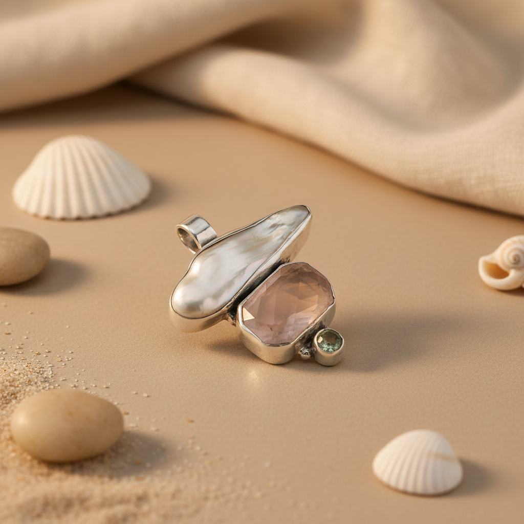 925 Silver Pearl & Rose Quartz Pendant for Women | Gemstone Jewelry