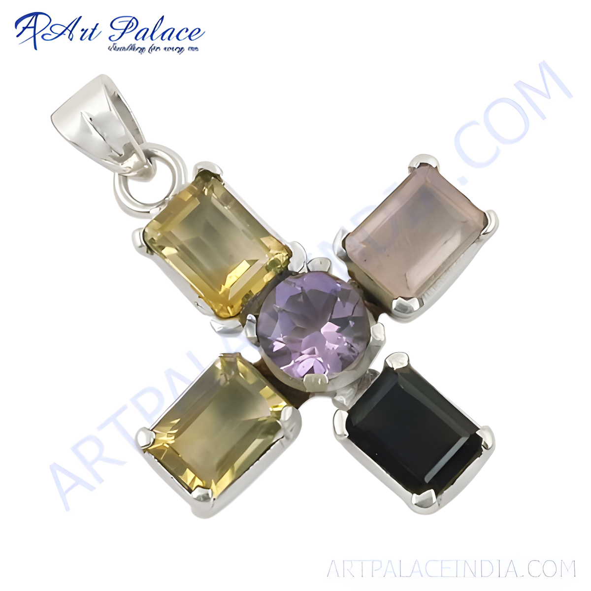 925 sterling silver cross pendant with amethyst and citrine gemstones, black onyx