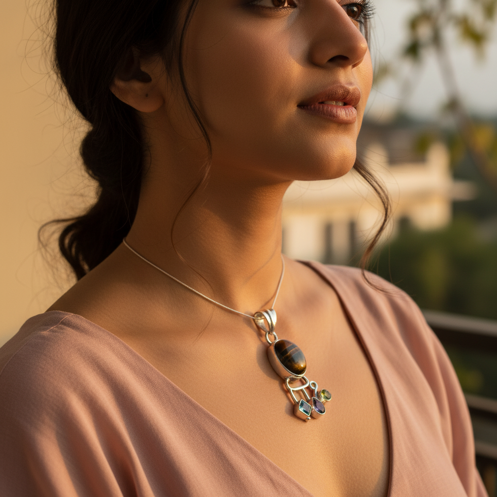 925 Sterling Silver Tiger Eye Gemstone Pendant Necklace for Women