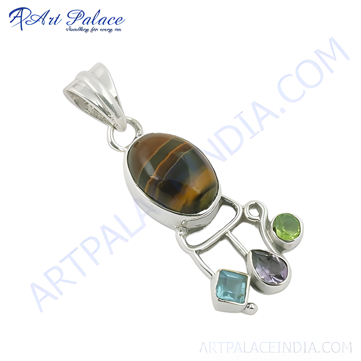 925 sterling silver tiger eye gemstone pendant with peridot, amethyst, and blue topaz accents
