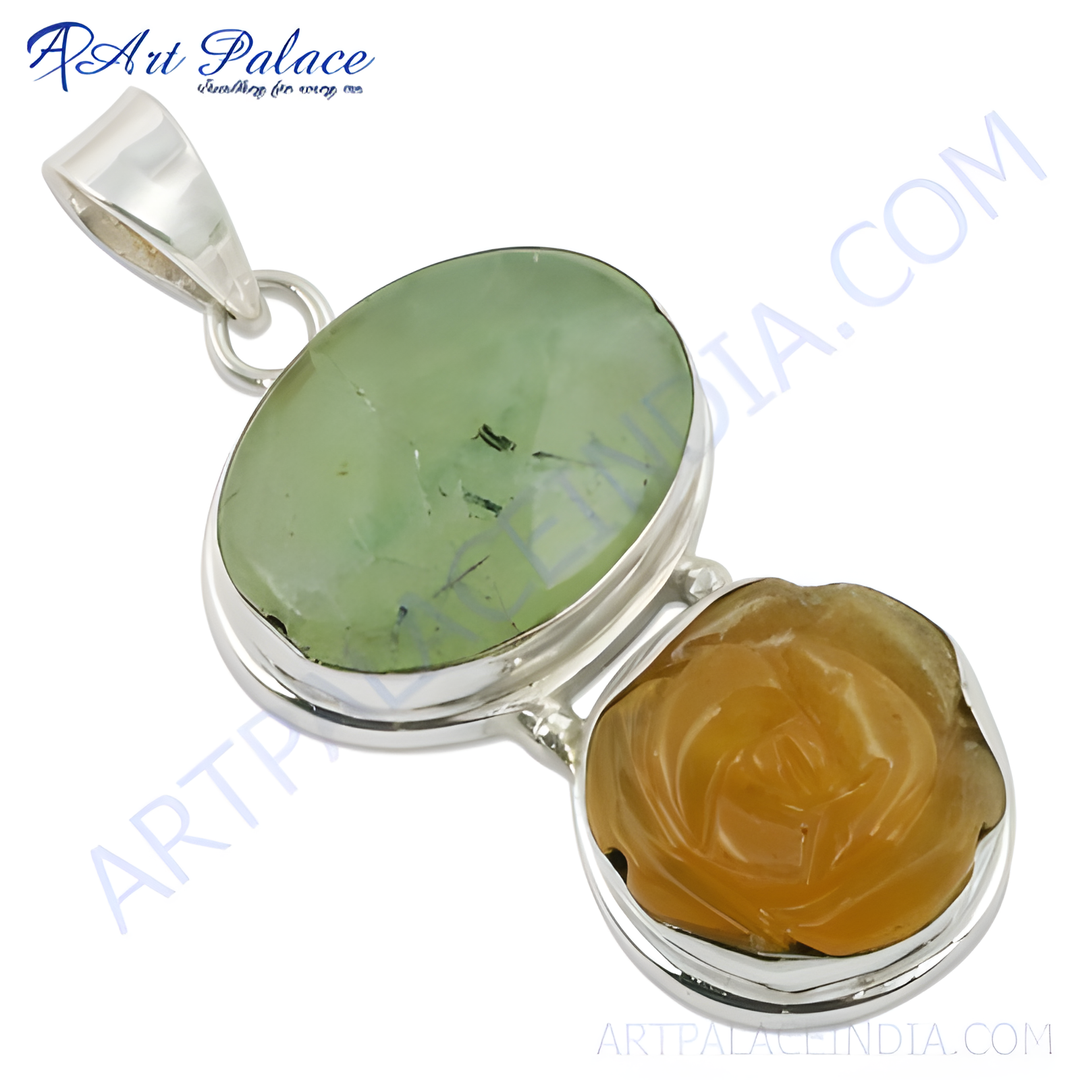 925 sterling silver pendant with a green gemstone and a carved yellow rose gemstone, a beautiful necklace for women.