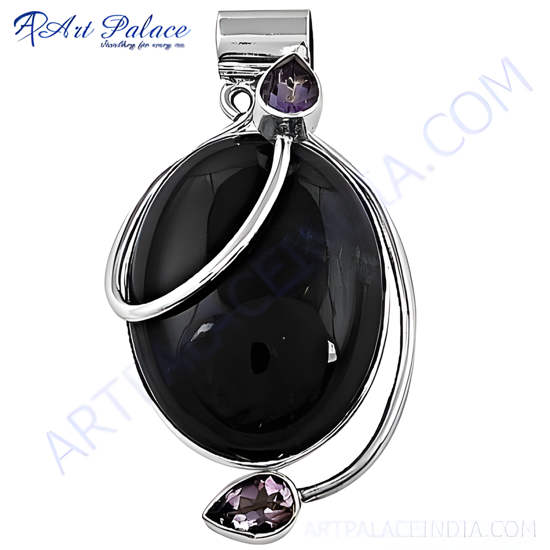 925 sterling silver black onyx pendant with pear-shaped amethyst accents