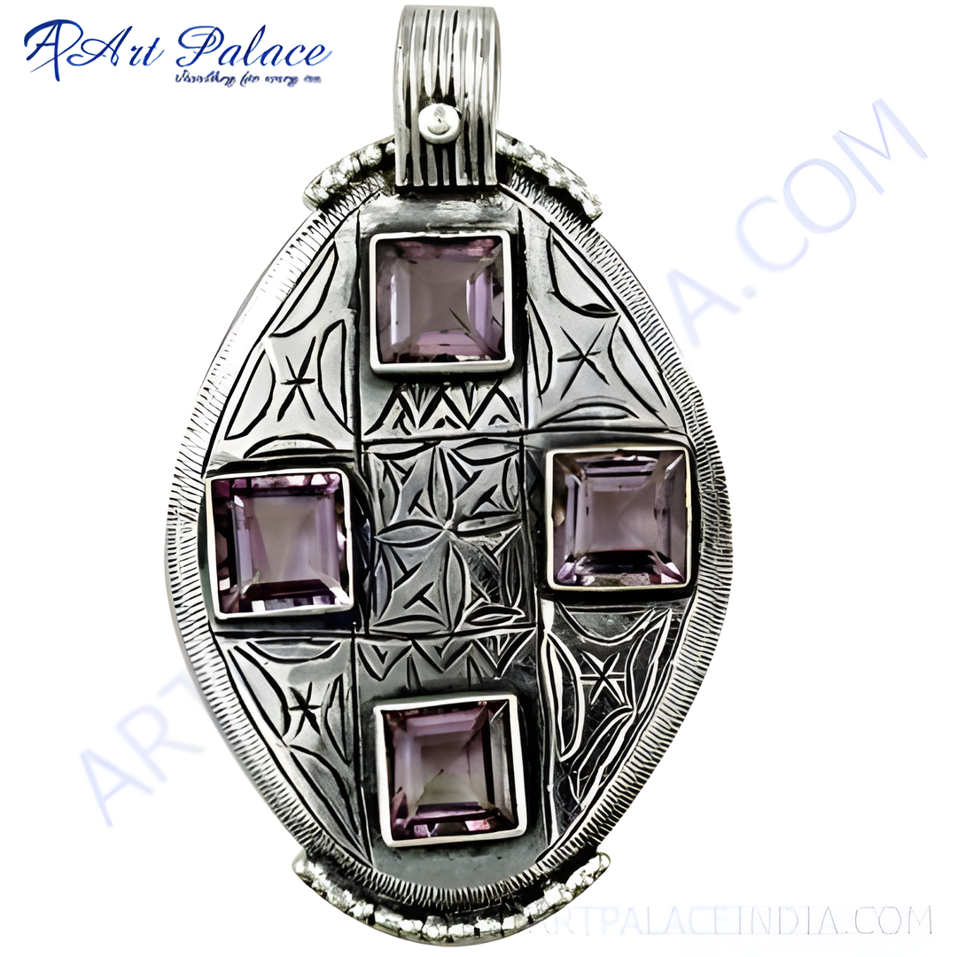 925 sterling silver pendant with square cut amethyst gemstones in a detailed setting.