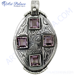 Load image into Gallery viewer, 925 sterling silver pendant with square cut amethyst gemstones in a detailed setting.
