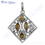 Load image into Gallery viewer, 925 sterling silver diamond shape pendant with yellow citrine gemstones.
