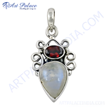 Load image into Gallery viewer, 925 sterling silver pendant with pear-shaped moonstone and oval garnet gemstone

