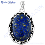 Load image into Gallery viewer, 925 sterling silver oval pendant with a vibrant blue lapis lazuli gemstone.
