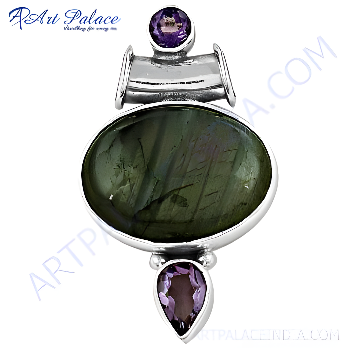925 sterling silver labradorite and amethyst pendant, green and purple gemstone jewelry