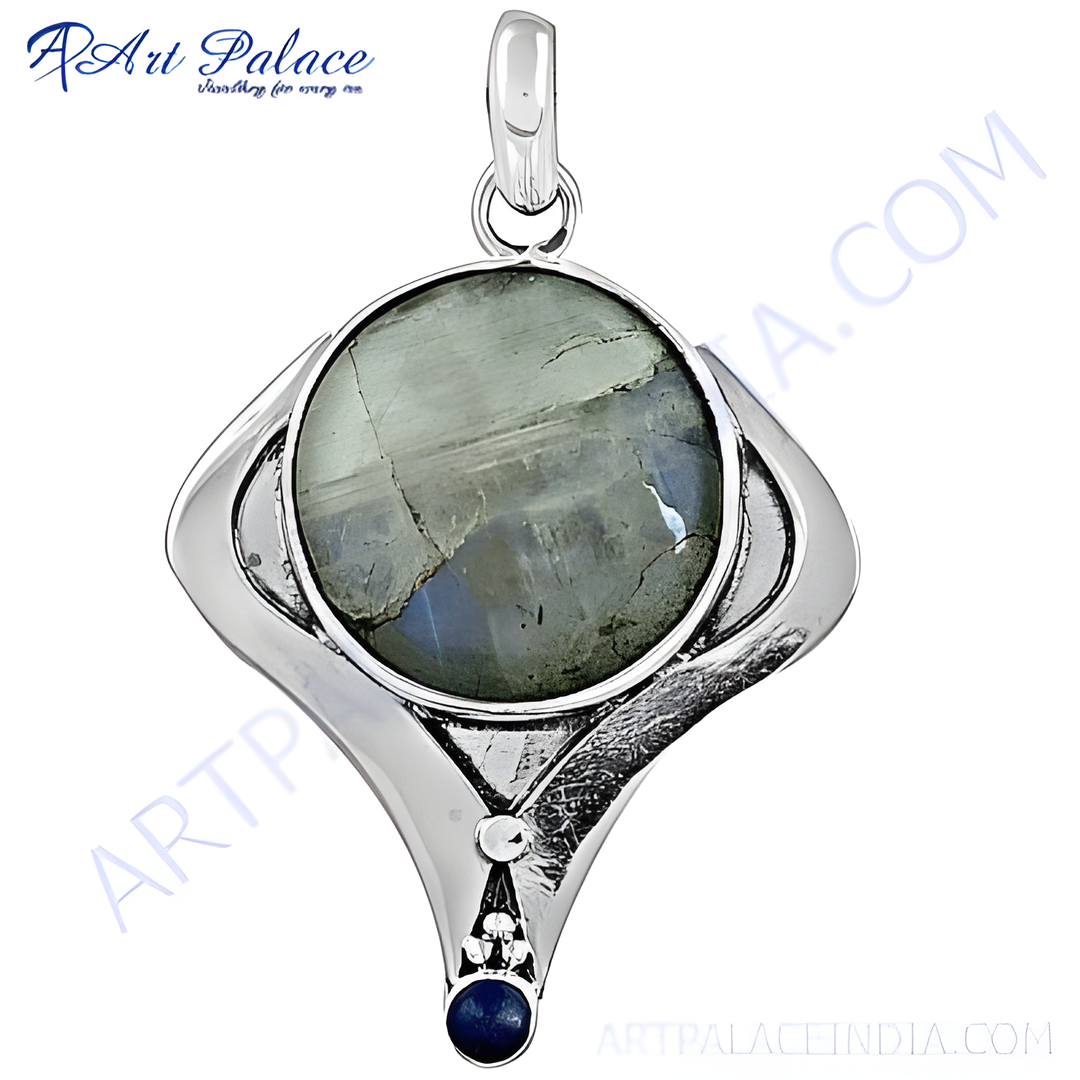 925 silver labradorite pendant necklace with grey-green gemstone center and silver detailing