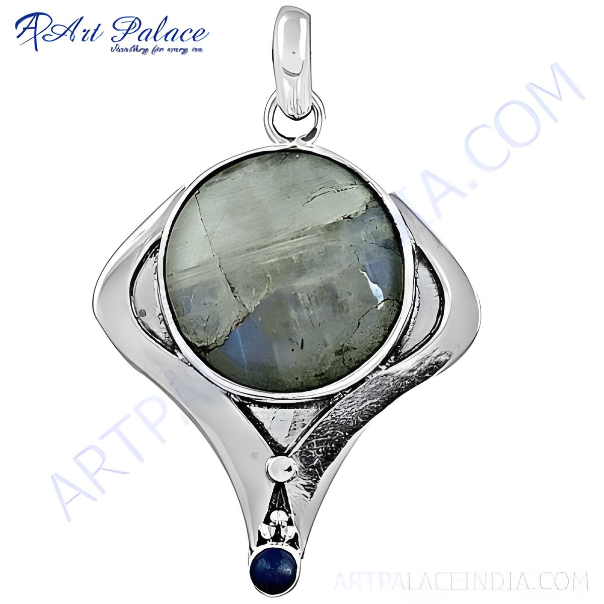 925 silver labradorite pendant necklace with grey green gemstone center and silver detailing