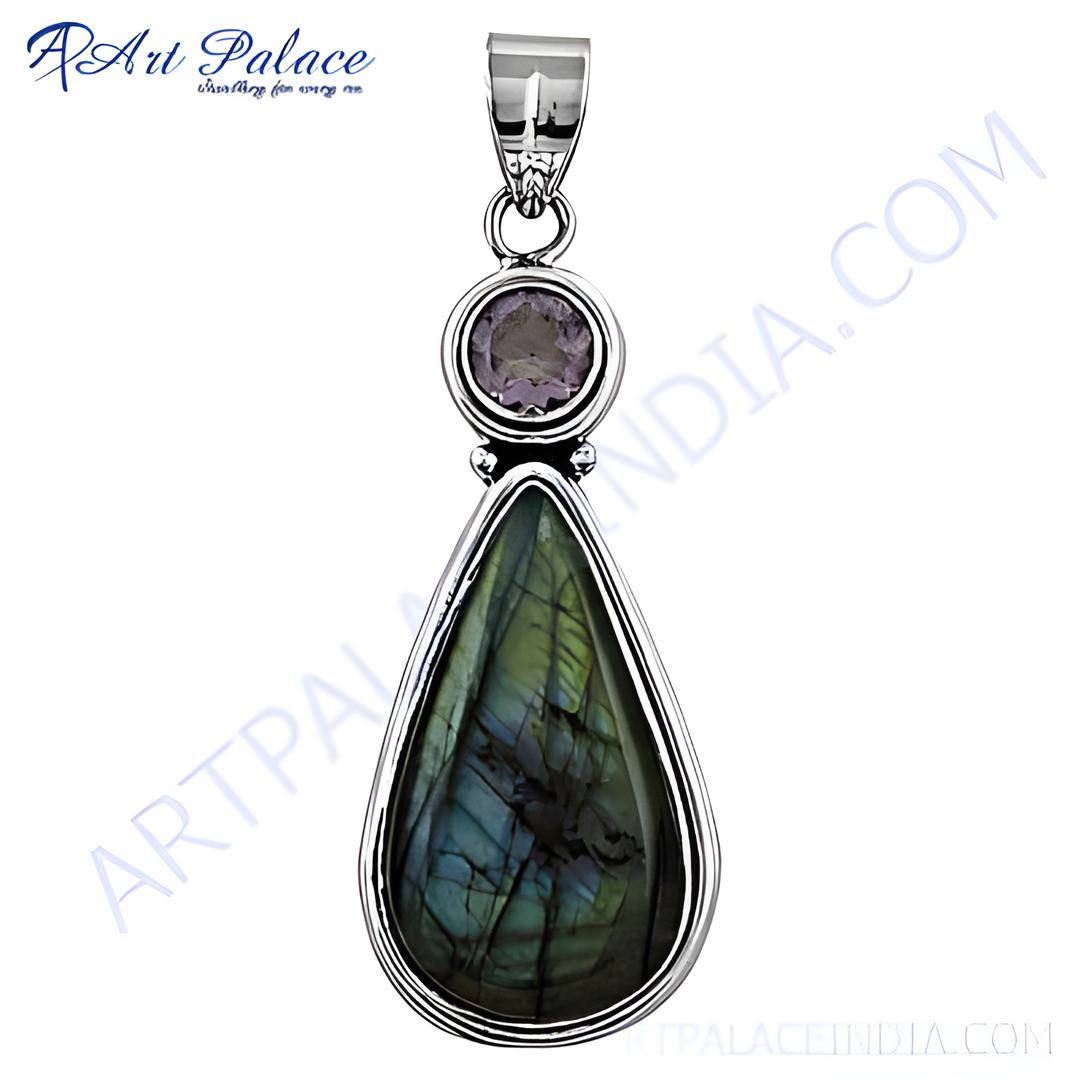 925 sterling silver labradorite and amethyst pendant, featuring a pear-shaped labradorite gemstone with blue and green hues.