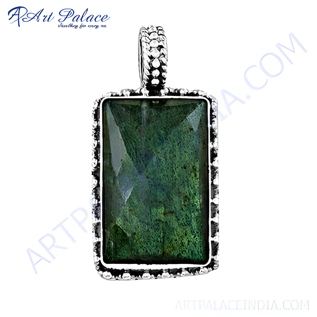 925 sterling silver green gemstone pendant with textured frame, rectangular shape, for women.