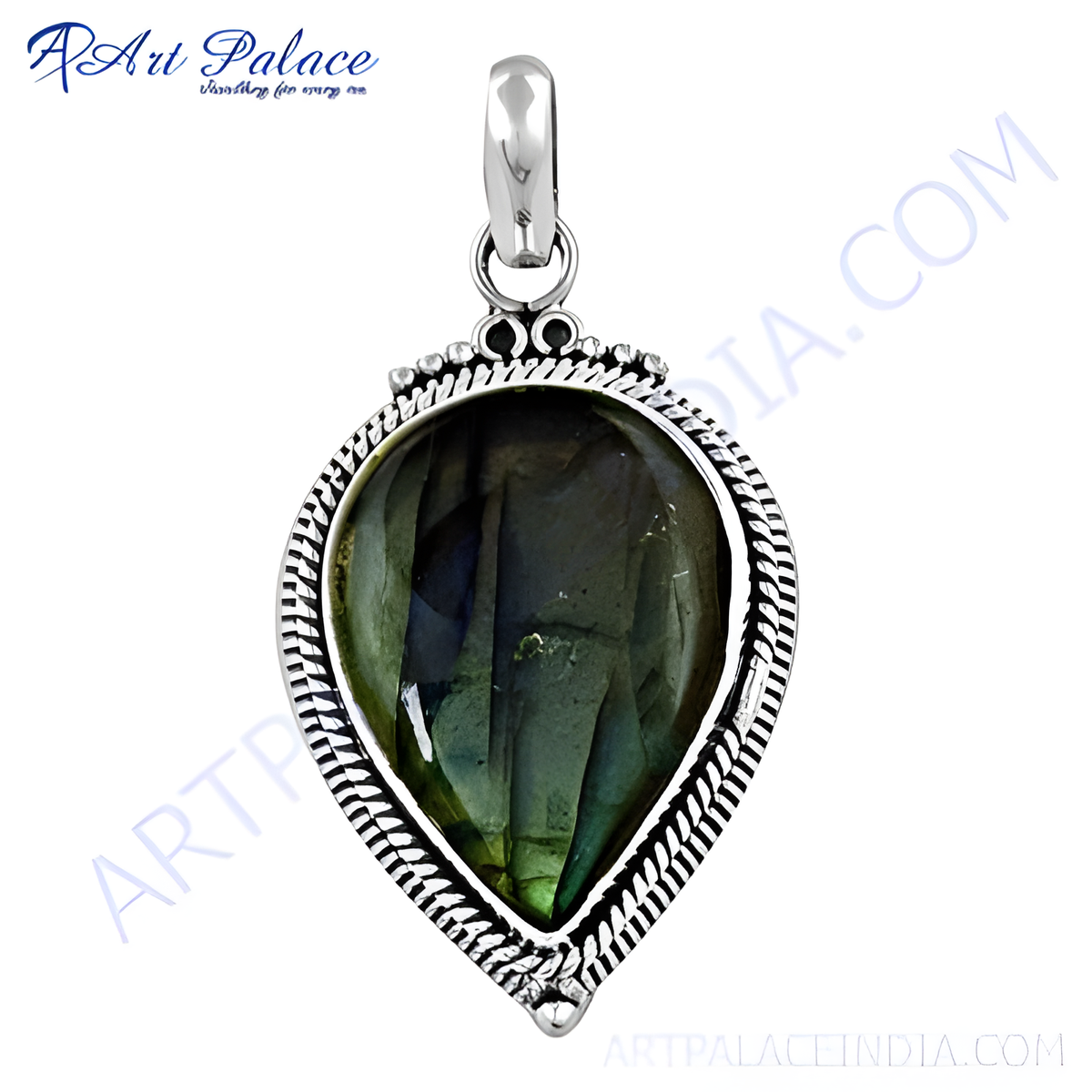925 sterling silver labradorite teardrop pendant with iridescent blue and green color
