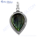 Load image into Gallery viewer, 925 sterling silver labradorite teardrop pendant with iridescent blue and green color.

