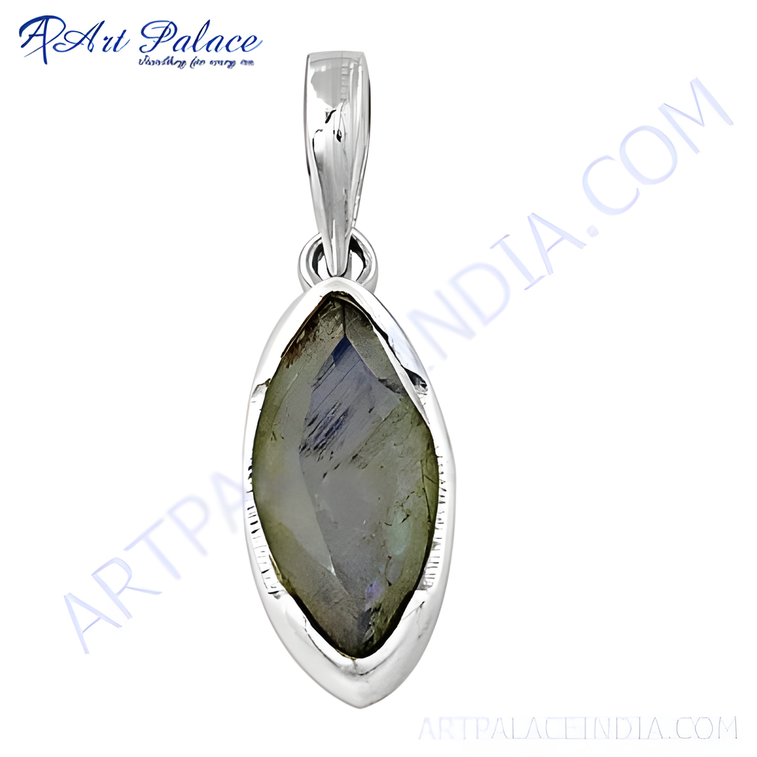 925 sterling silver pendant with a marquise-cut labradorite gemstone, displaying iridescent colors.