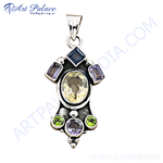 Load image into Gallery viewer, Sterling silver gemstone pendant with oval-cut yellow center stone and colorful gemstones
