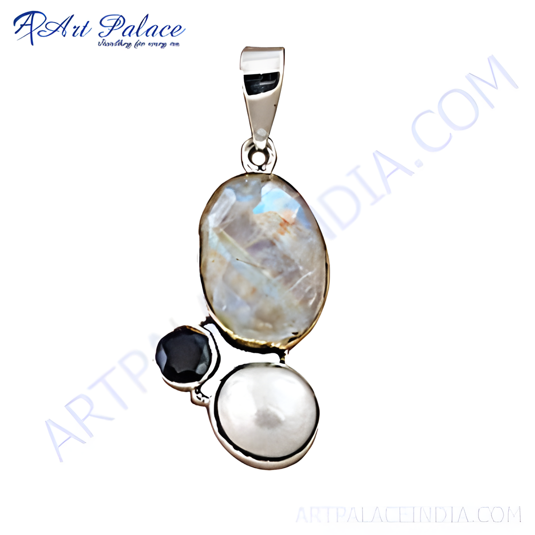 925 sterling silver pendant featuring a moonstone, pearl, and black onyx gemstone.