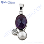Load image into Gallery viewer, 925 sterling silver amethyst and pearl pendant. Purple gemstone and white pearl on silver charm.
