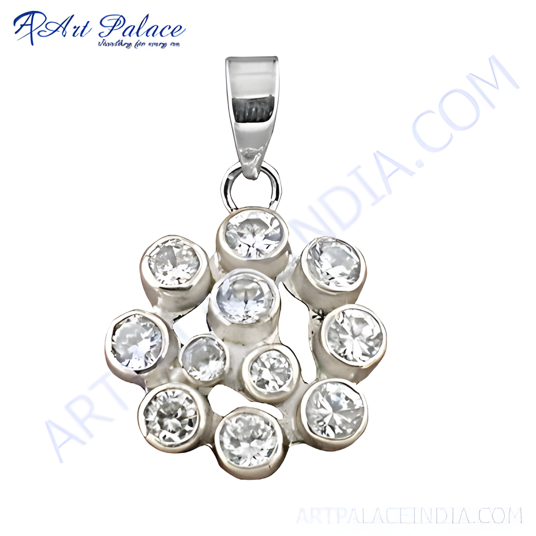 Sterling silver pendant necklace with a flower design and round cubic zirconia gemstones